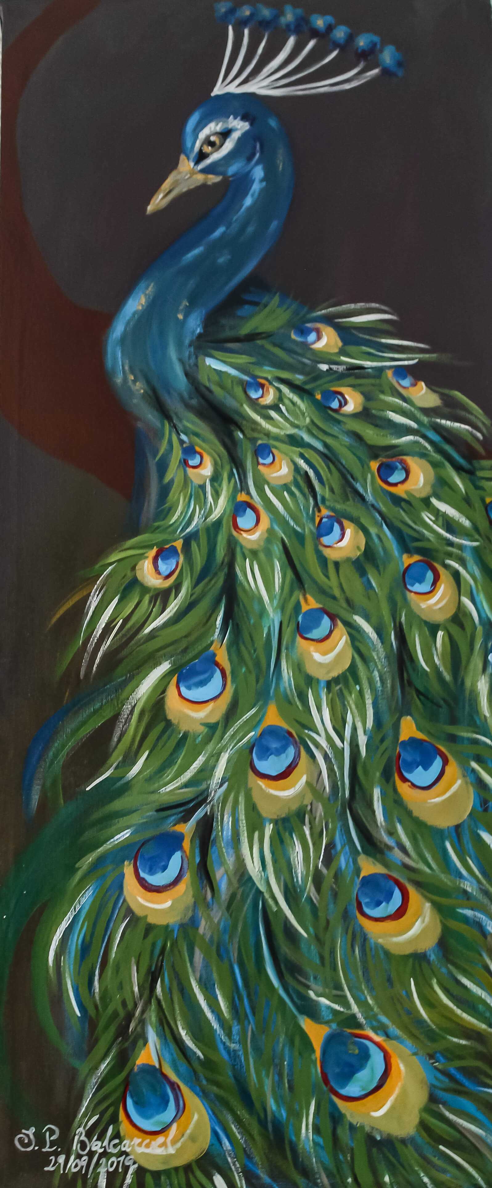 Obra de arte: Un pavo real por S.P. Balcarcel. Estilo: Fantástico. Técnica: Acrílico sobre lienzo