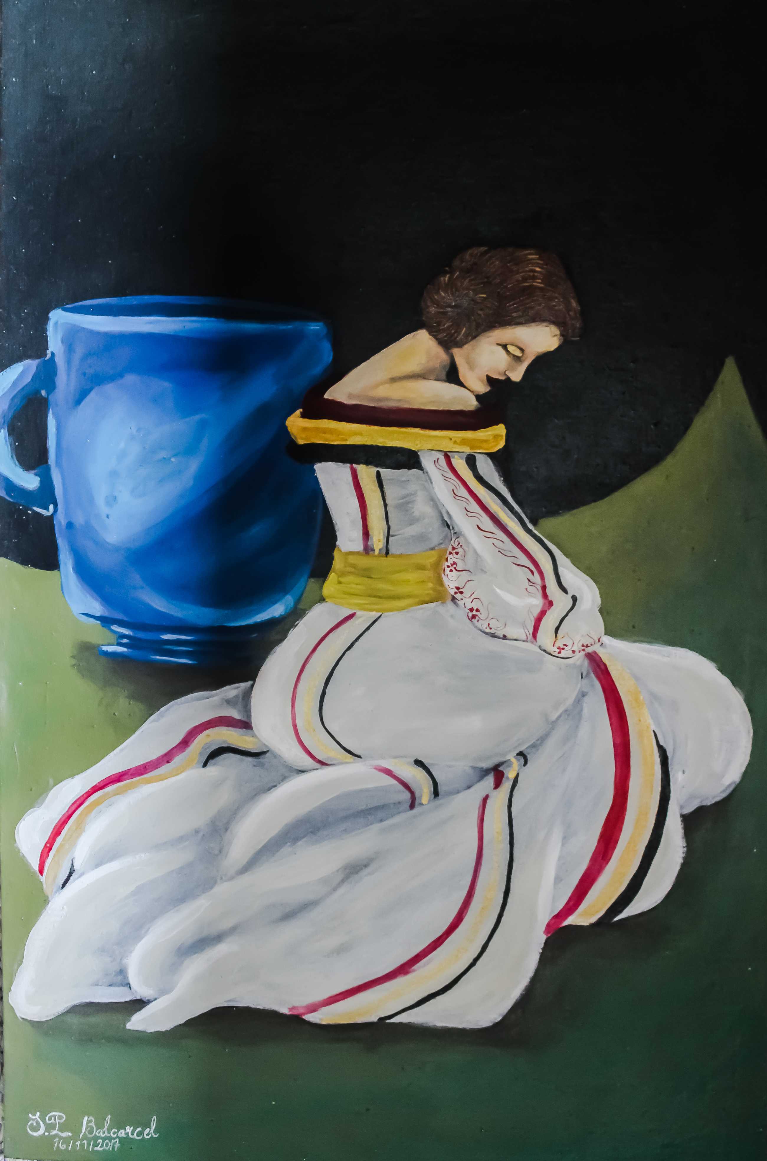 Obra de arte: Una taza Azul por S.P. Balcarcel. Estilo: Fantástico. Técnica: Acrílico sobre lienzo