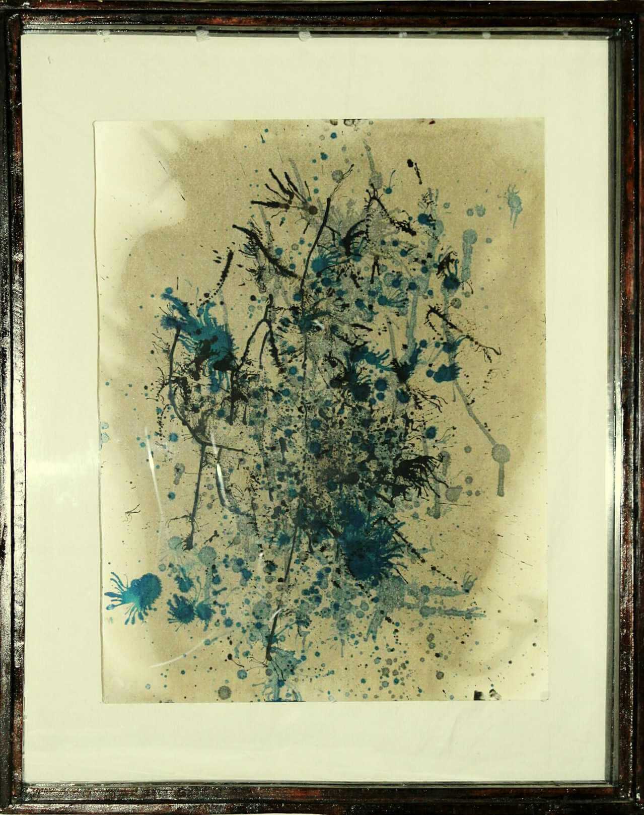 Obra de arte: Mantenimiento #3 por S.P. Balcarcel. Estilo: Abstracto. Técnica: Mixta (Aceite quemado y tinta sobre papel acuarela), abstracción en manejo de colores fríos.