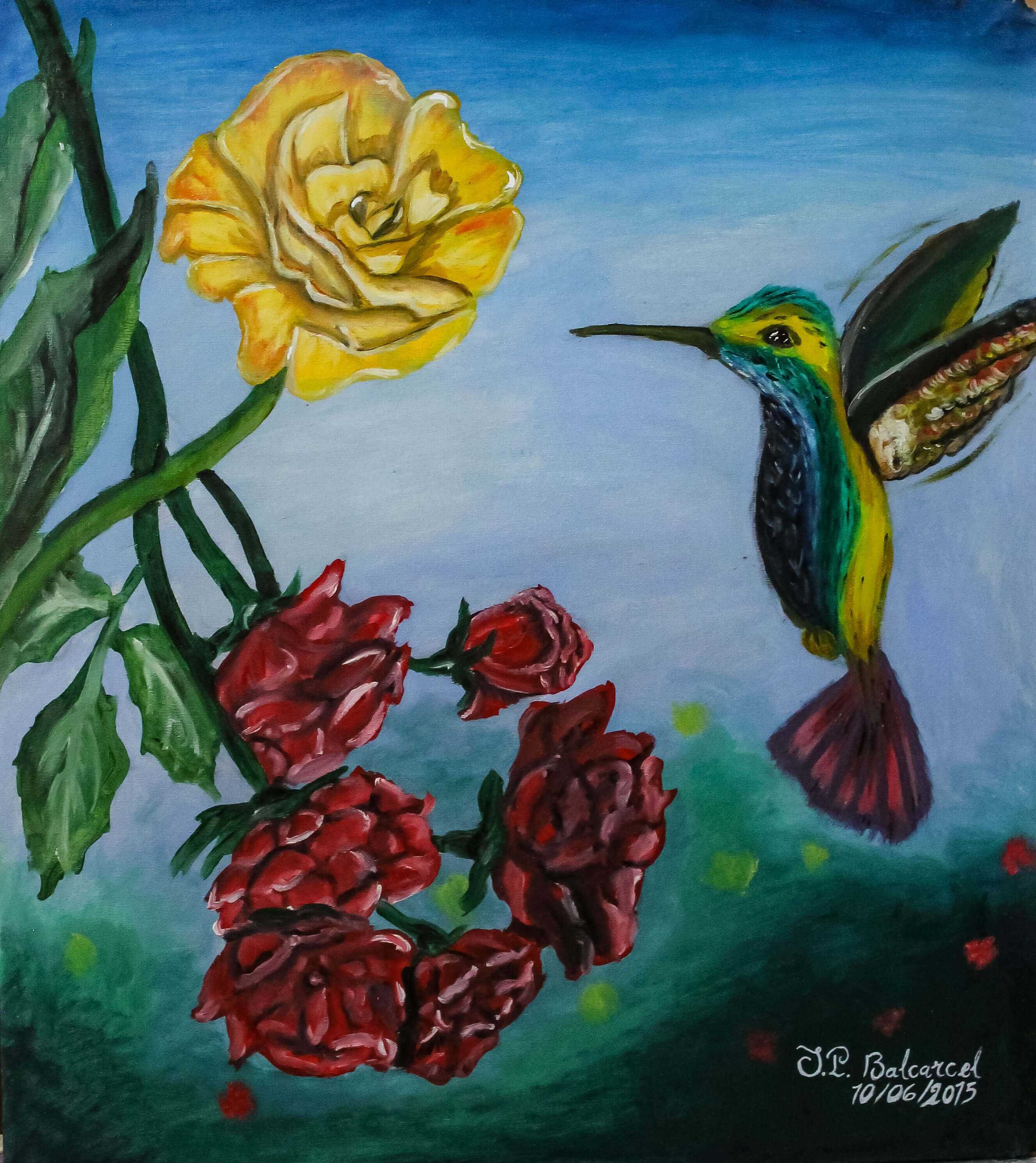 Obra de arte: Colibrí por S.P. Balcarcel. Estilo: Realismo. Técnica: Óleo sobre lienzo